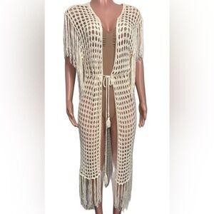 Anthropologie Knit Cover up Crochet midi cardigan sweater top O/S acrylic Fringe